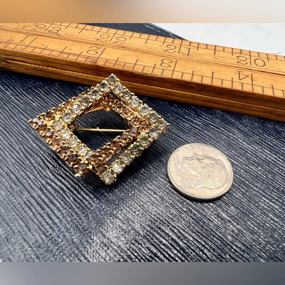 Vintage gold geometric squares brown & gray rhinestones brooch pin